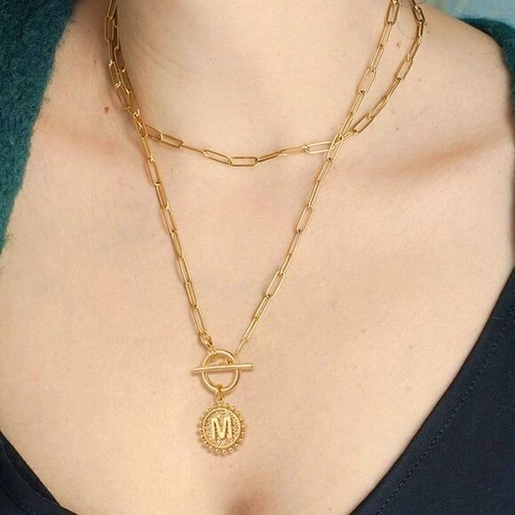 Gold Layering Initial Paperclip Chain Necklace Set - Picture 1 of 9